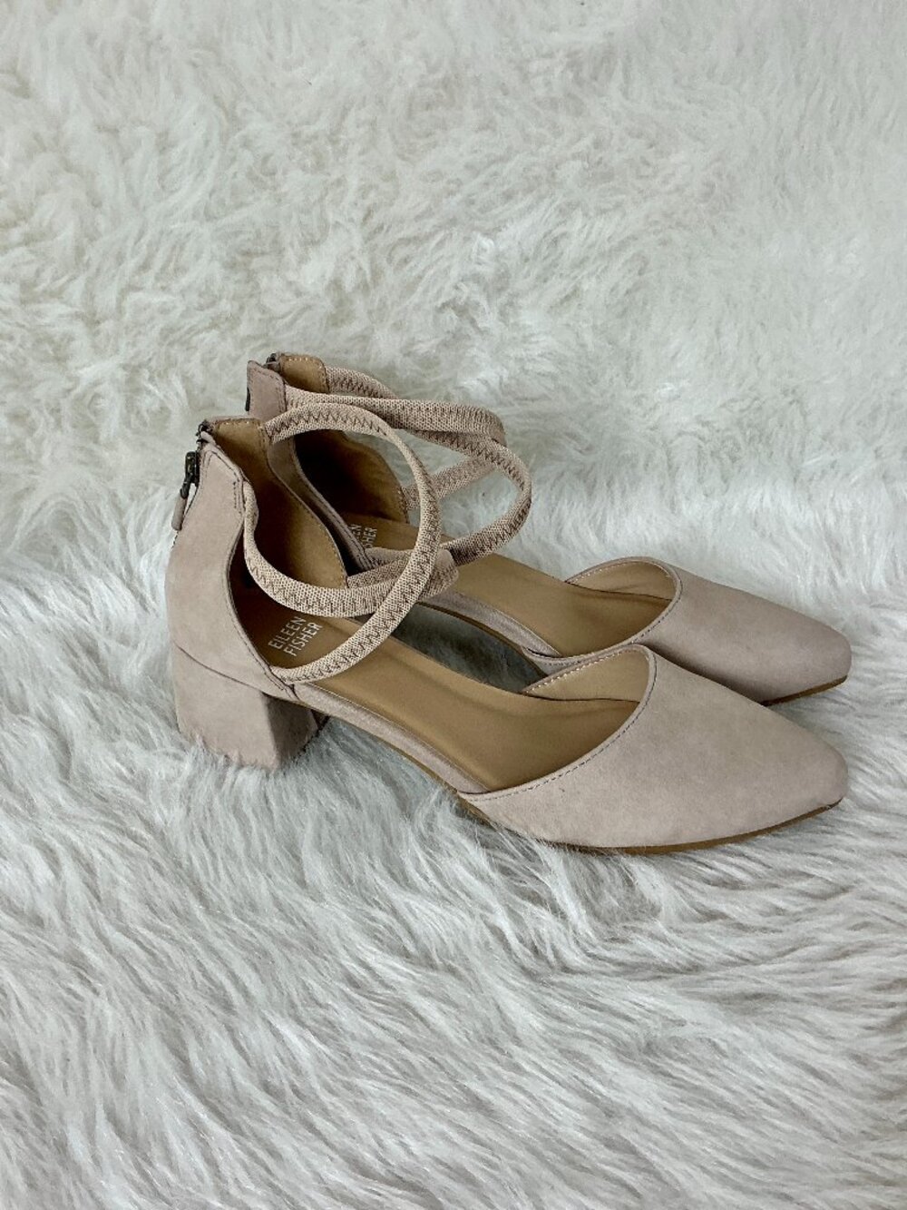 Eileen Fisher Venice Beige Cream Suede Criss Cross Ankle Pump Heels 8.5